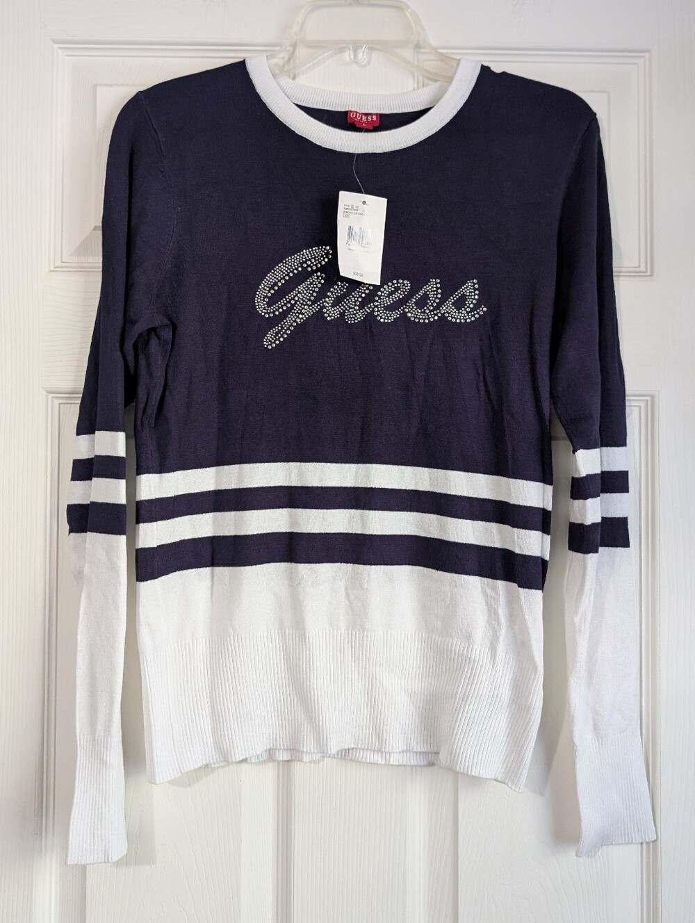 NWT Guess Navy Blue & White Sweater With Studded Logo Size L